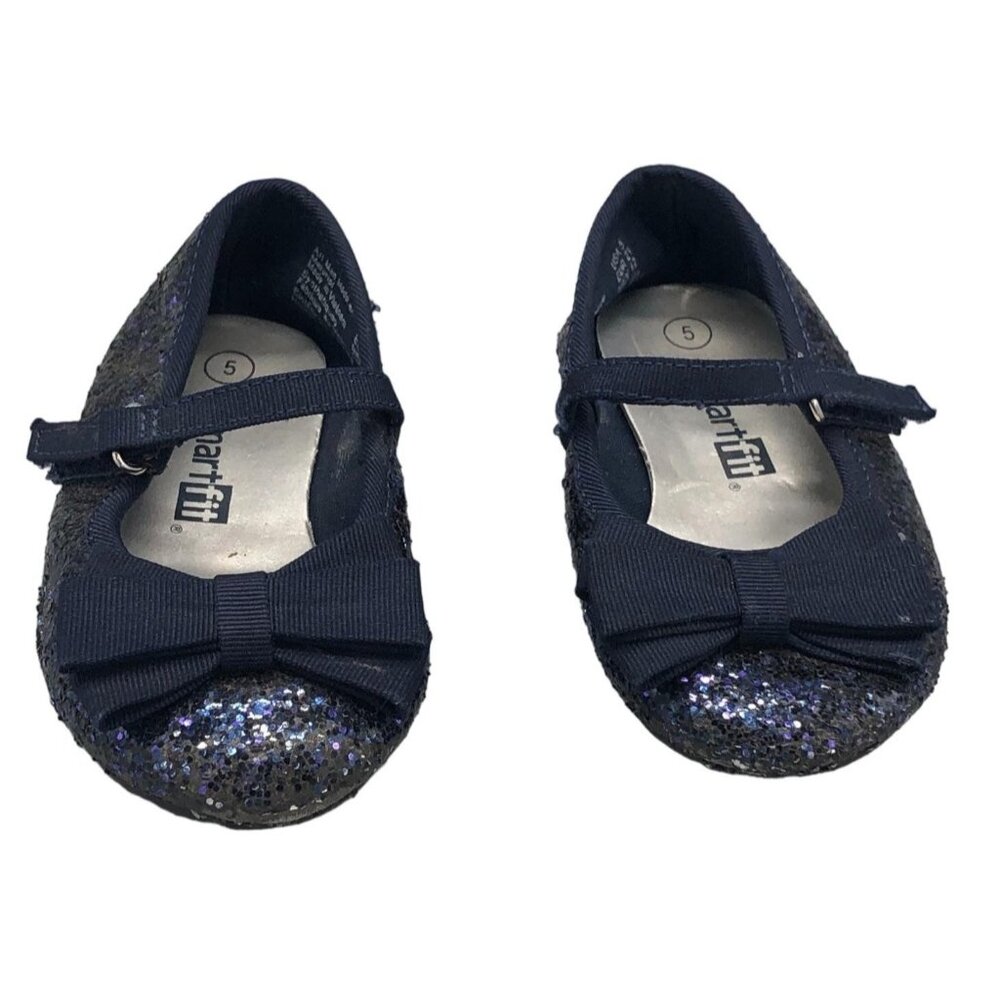 Smart fit dress flat shoes bow sparkle blue toddler size 5 hook & loop READ